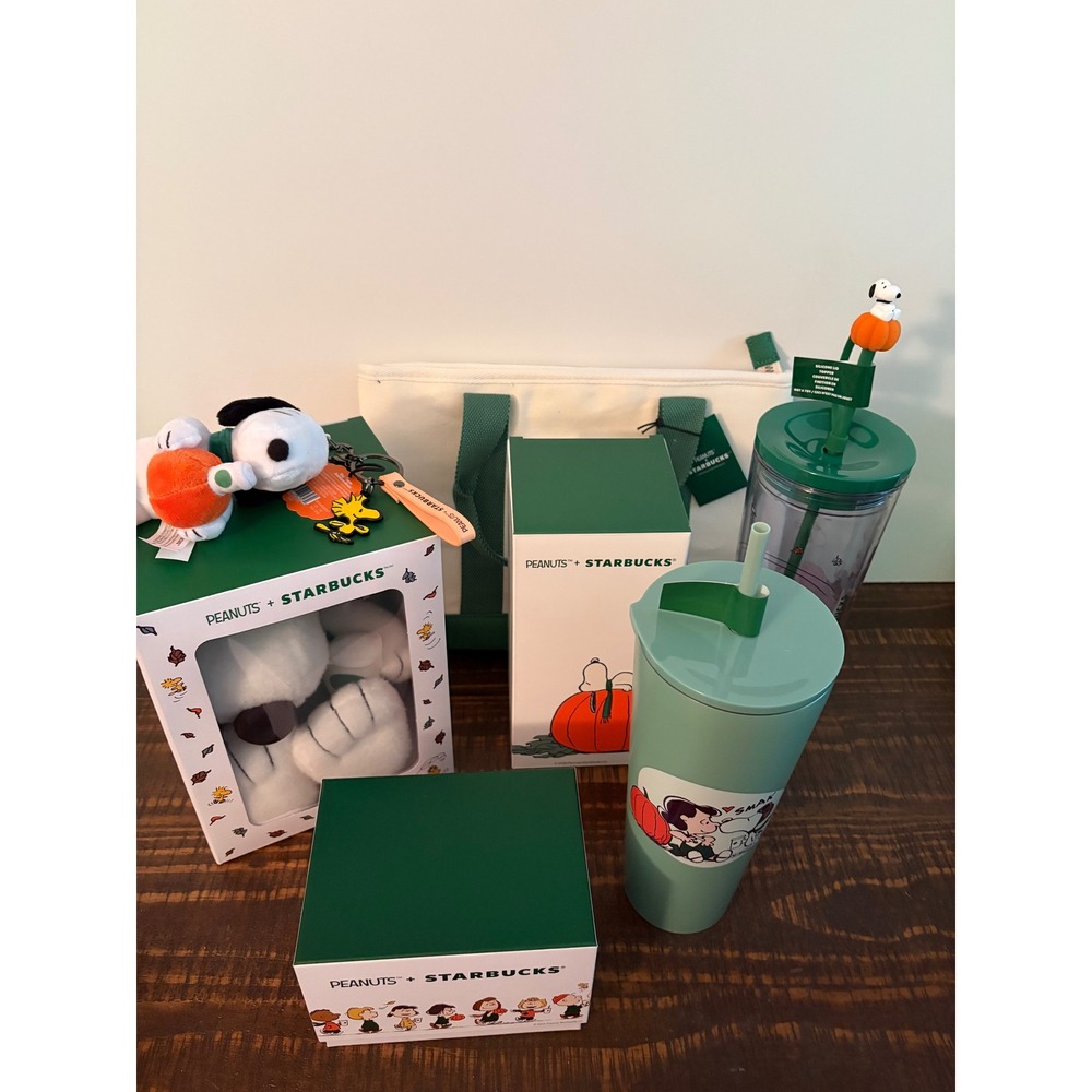 Starbucks X Peanuts Snoopy Lot of 7 Mug Hot Cold Tumblers Tote Keychain Plush - Picture 2 of 10